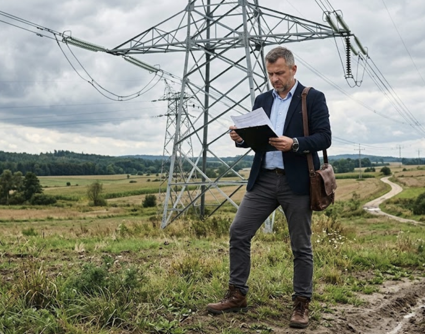 Prawnik na polu, gdzie są słupy energetyczne - sużebność przesyłu.